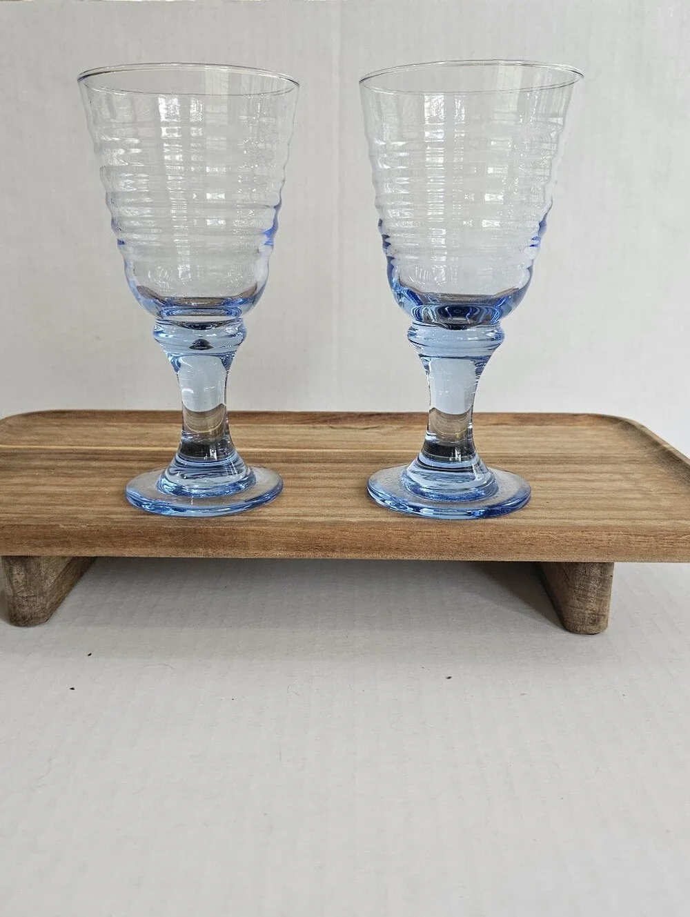 Vintage 90s Libbey Sirrus Ribbed Water Goblets Set 2 Icy Blue Stemware 7 Inches